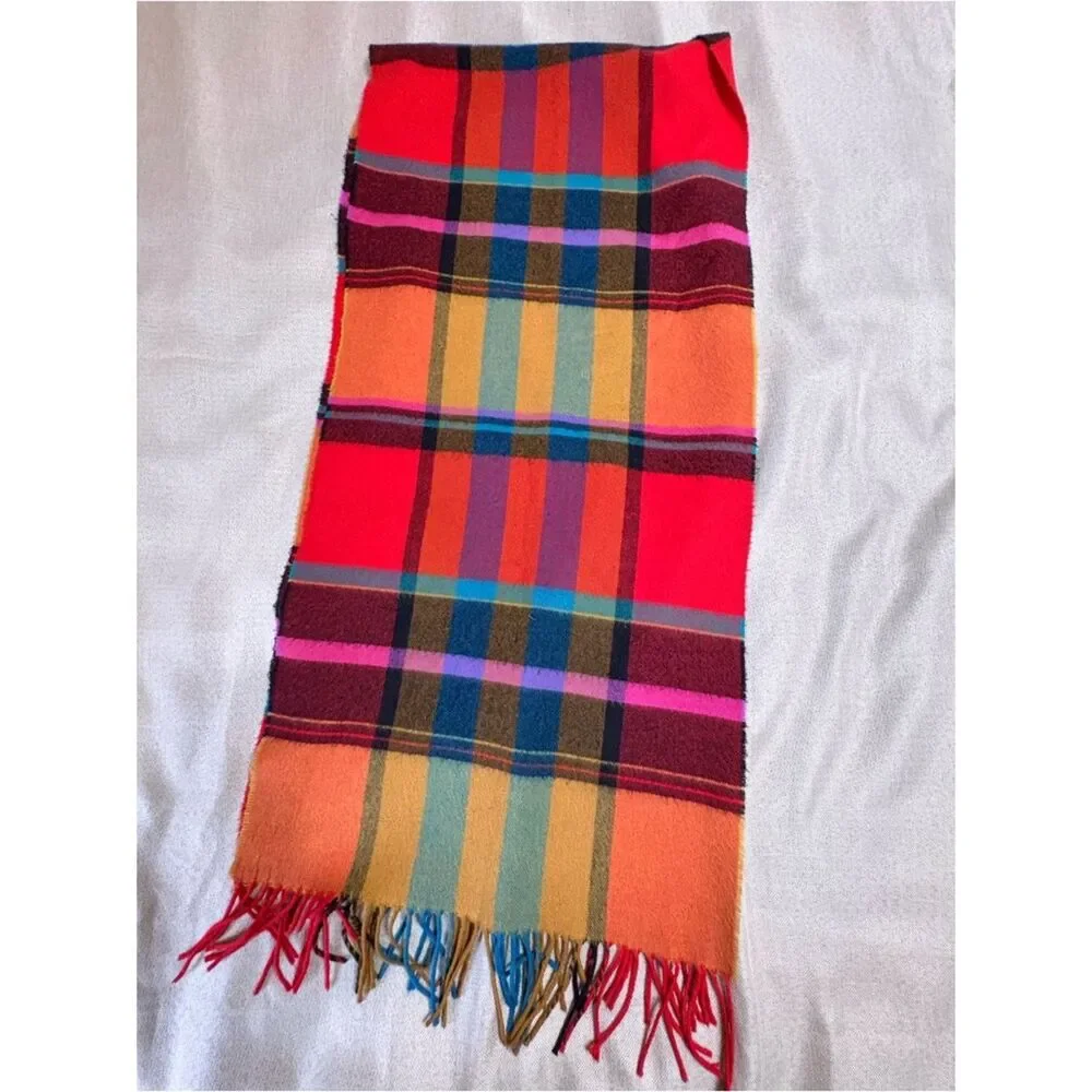 Bright Plaid Fringe Scarf Multicolor Tartan 15”x64”